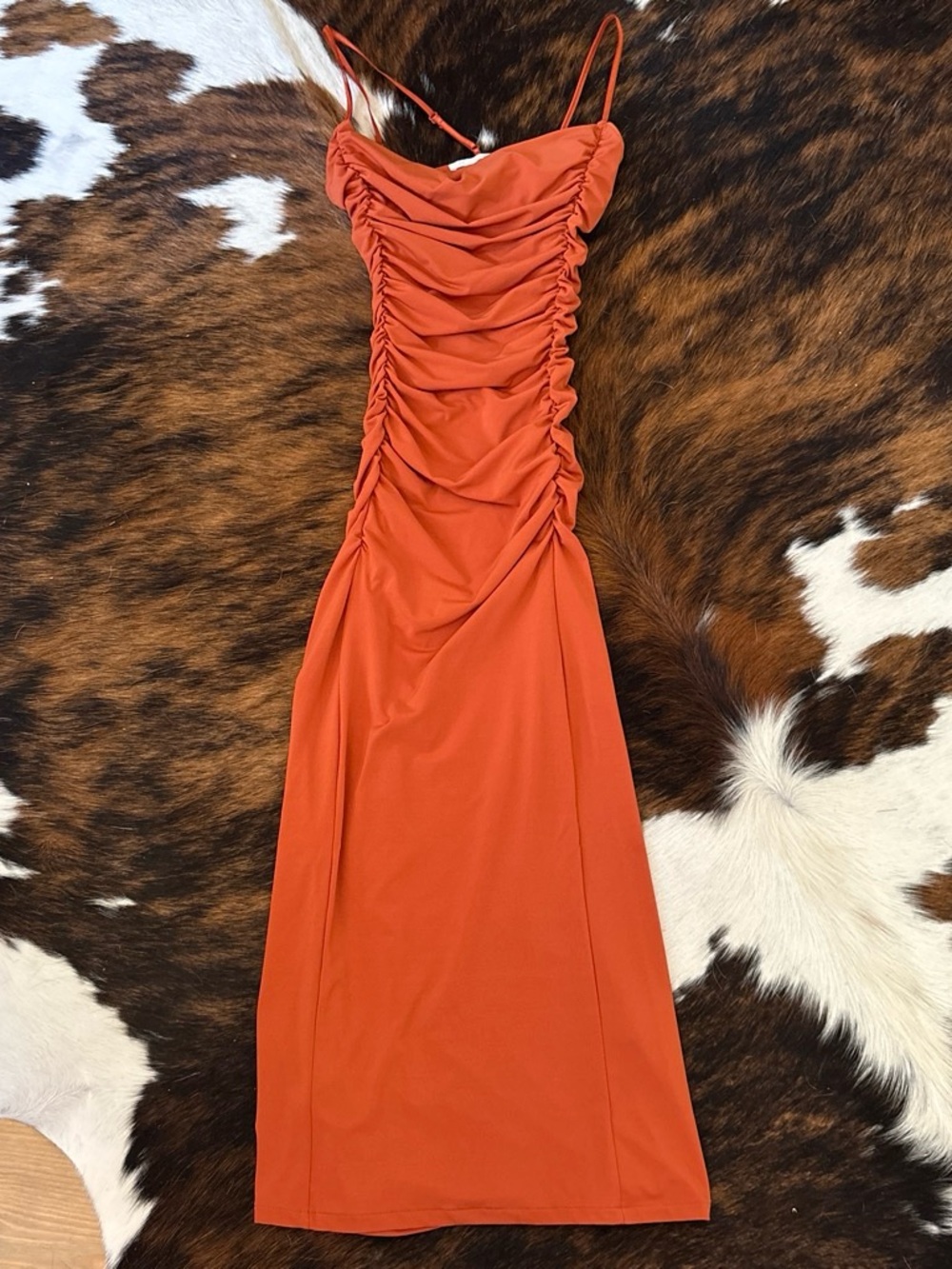 Zara Rust Orange Ruched Spaghetti-Strap Midi Dress